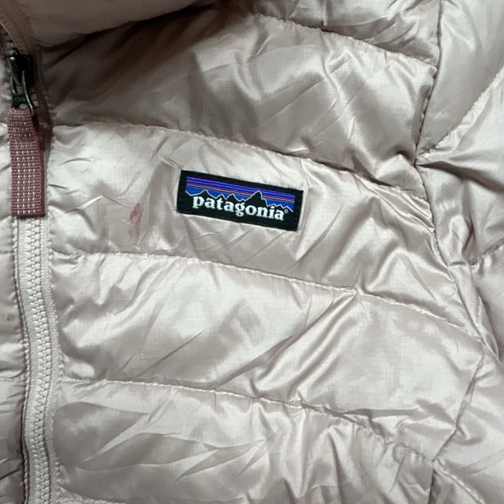 Patagonia Down Sweater Girls M (10) Pink Full Zip Puffer Jacket Outdoor *SPOTS